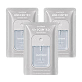 Touchland front packaging showing three unscented travel bottles and convenience