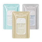 Touchland trio front packaging showing three dye free mists for travel convenience