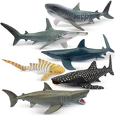 Toymany presentación frontal del set mostrando seis tiburones, ideal para coleccionar