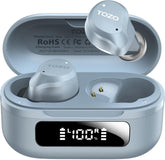 TOZO NC9 front view with charging case and LED battery display showing power