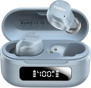 TOZO NC9 front view with charging case and LED battery display showing power