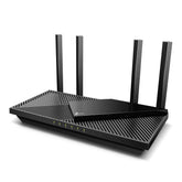 TP-Link AX3000 front view showing status lights and benefits fast connectivity