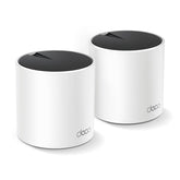TP‑Link Deco X55 front view showing compact white design and LED status, highlights reliable coverage