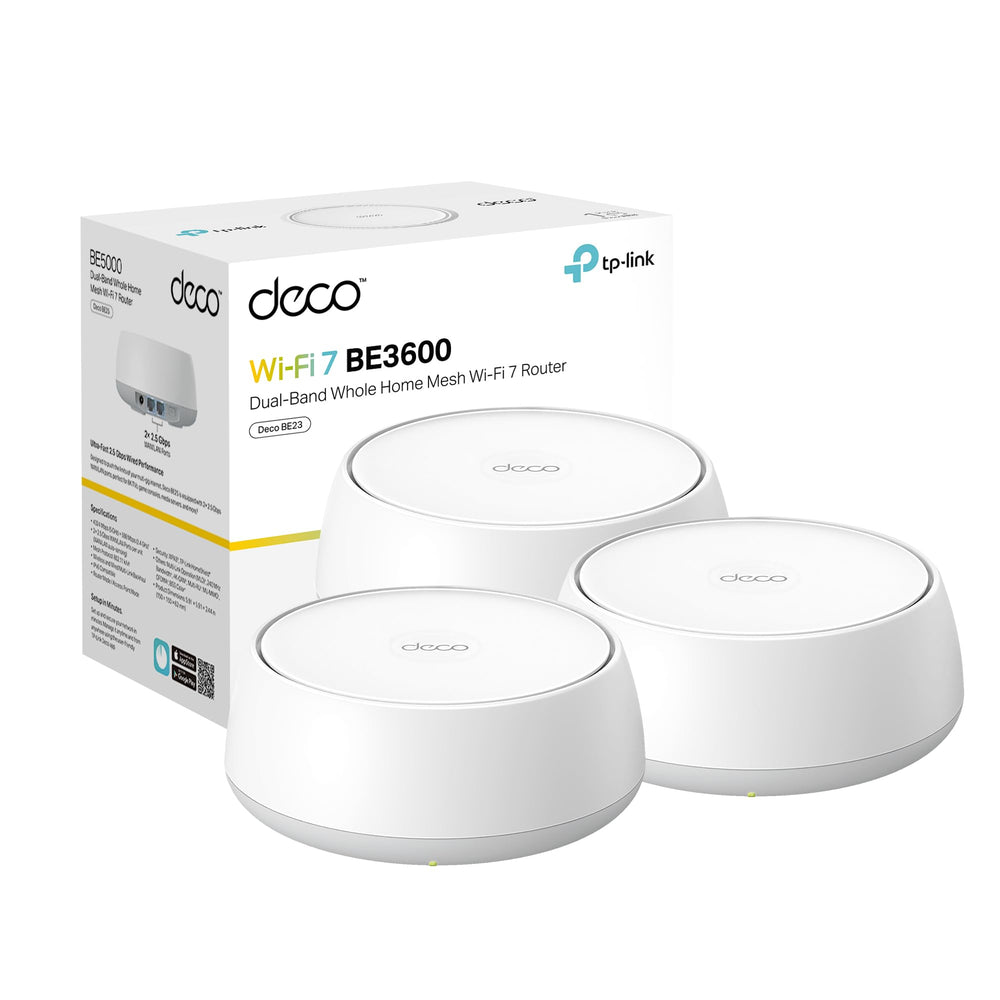 TP‑Link Deco 7 BE23 front packaging showing included 3‑pack and features