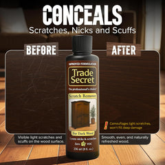 Trade Secret aplicado en mesa de madera cubriendo arañazo visible