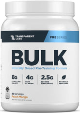 Transparent Labs Bulk preworkout tub front view showing Peach Mango flavor and clean formula benefits