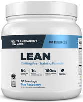 Transparent Labs envase frontal y sabor frambuesa azul mostrando beneficios