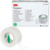 Transpore empaque frontal mostrando rollo y tamaño, 3M garantiza visibilidad práctica