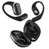 TRAUSI open-ear front view showing earbuds and case, clear design benefit