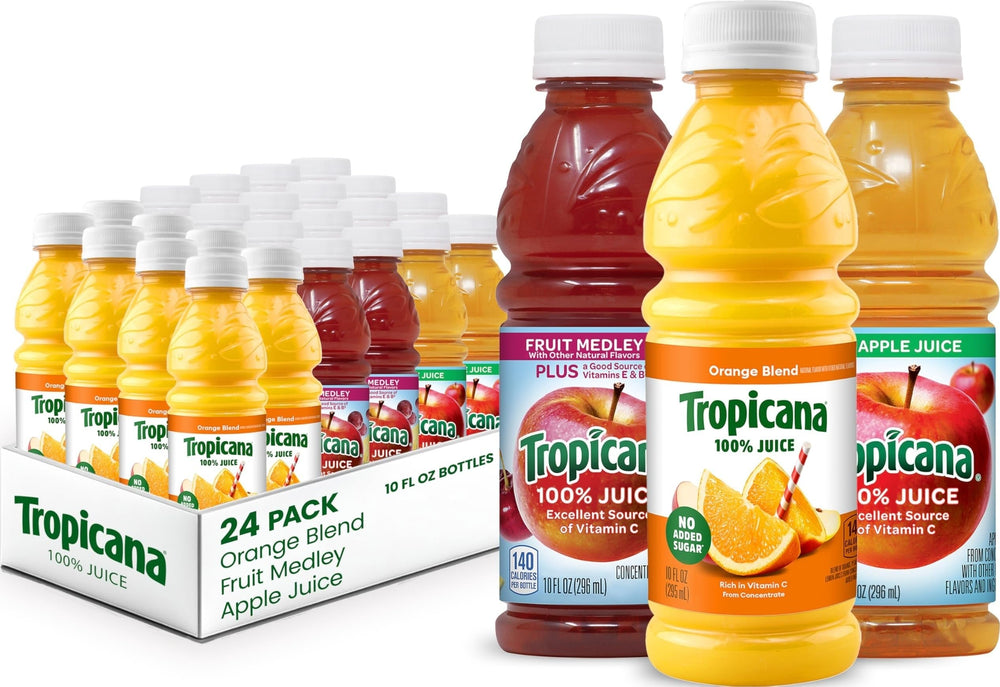 Tropicana botella frontal mostrando 3 sabores y conveniencia