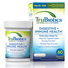 TruBiotics frasco frontal mostrando la marca y beneficio digestivo