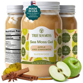 TrueSeaMoss front jar view showing apple cinnamon label and glass jar benefit: easy identification