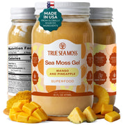 TrueSeaMoss front packaging mango pineapple showing jar and label benefits