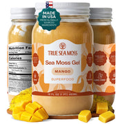 TrueSeaMoss front packaging showing jar and mango sea moss gel for quick identification
