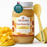 TrueSeaMoss frasco frontal mango piña mostrando etiqueta y tamaño, facilita identificación