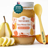 TrueSeaMoss jar front packaging showing peach pear label and 16oz glass jar benefits