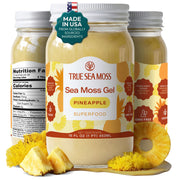 TrueSeaMoss front jar showing pineapple sea moss gel and ready-to-use convenience
