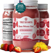 TrueSeaMoss front jar view showing strawberry gel and clear glass packaging benefit freshness