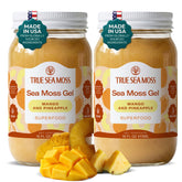 TrueSeaMoss tarro frontal mango y piña mostrando etiqueta clara y beneficio práctico