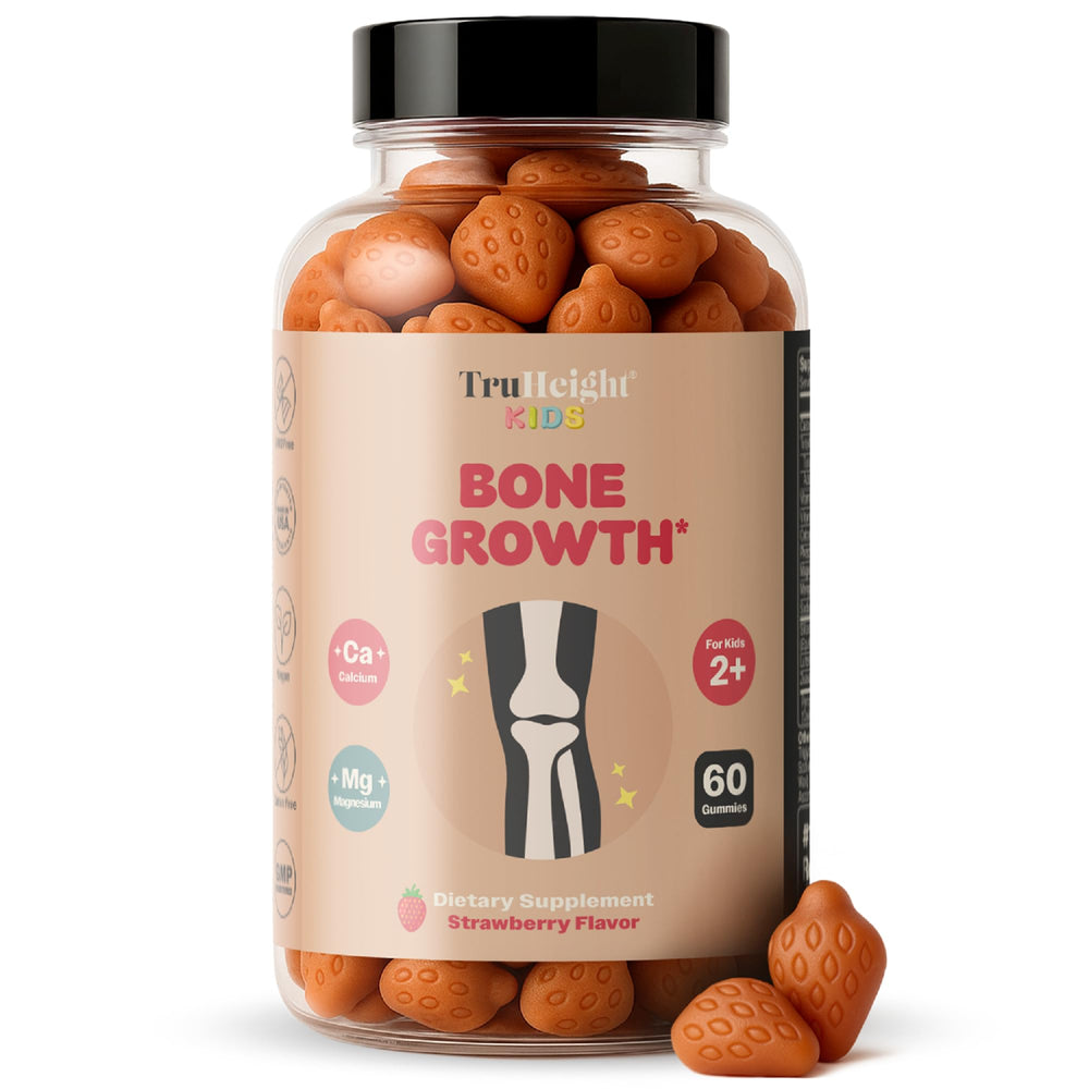 TruHeight empaque frontal con gomitas y sabor fresa, atractivo para niños