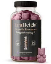 TruHeight empaque frontal mostrando gomitas de uva y beneficios clave