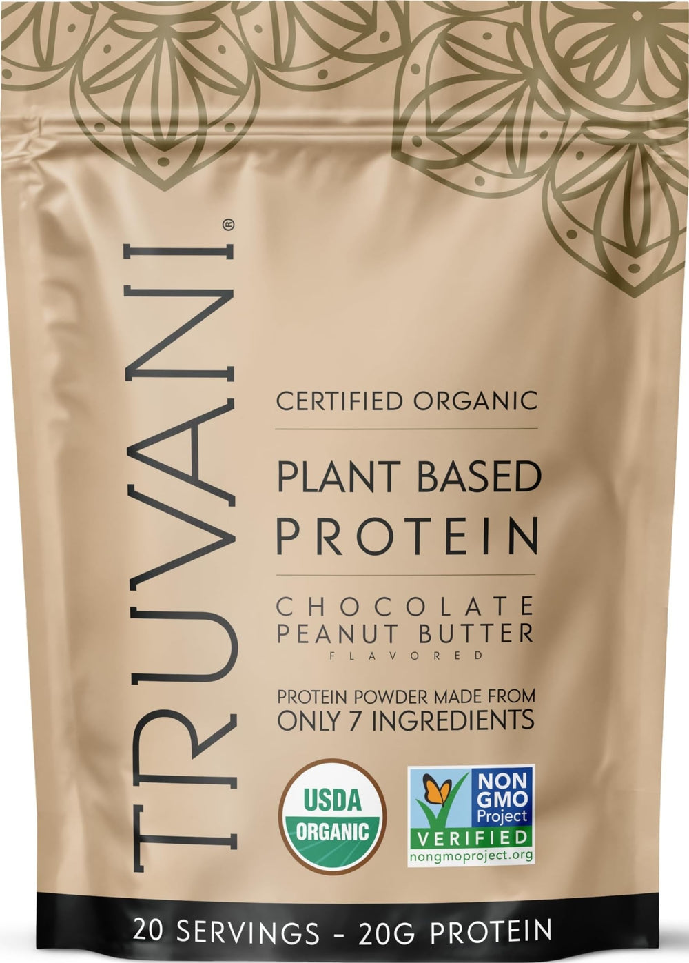 Truvani frente del envase chocolate mantequilla de cacahuete mostrando diseño y beneficio natural