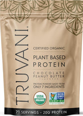 Truvani frente del envase chocolate mantequilla de cacahuete mostrando diseño y beneficio natural