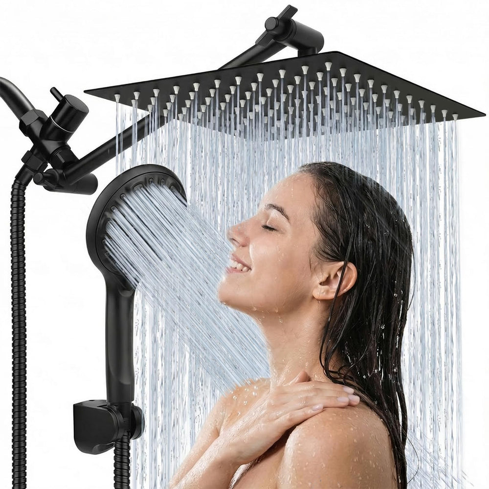 Tudoccy front view of matte-black shower combo showing sleek modern design and full kit benefits