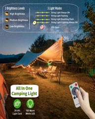 TuoPuLife luces instaladas dentro de tienda iluminando acampada, ambiente seguro