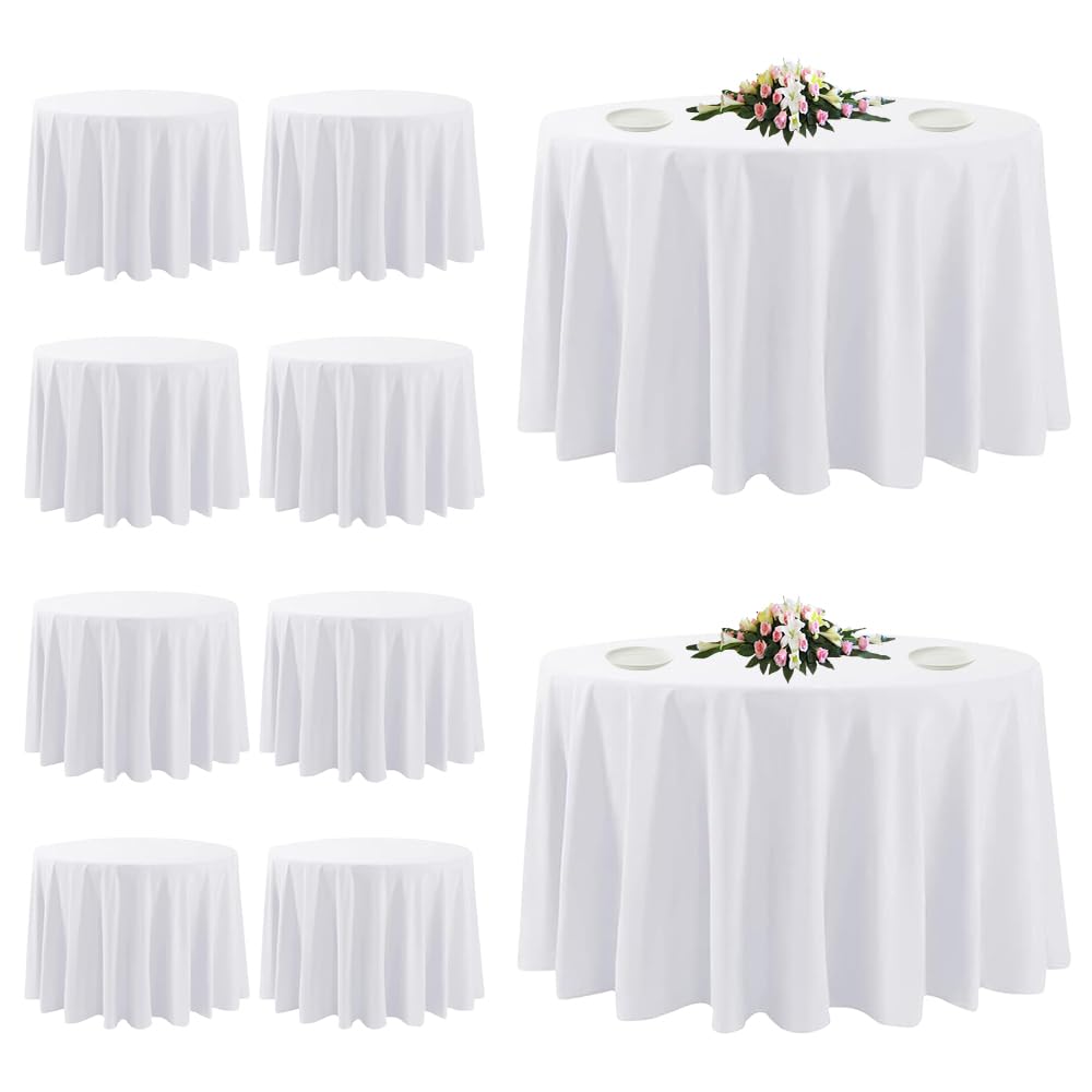 TUOTPE front view of ten white tablecloths neatly stacked for easy event setup