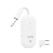 Twelve South AirFly Pro 2 front view showing white transmitter and jack, clear wireless benefit