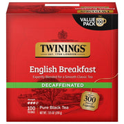 Twinings caja frontal del English Breakfast descafeinado mostrando 100 bolsitas y conveniencia