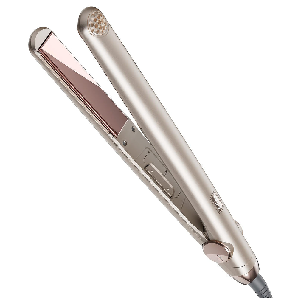 TYMO front view champagne straightener showing sleek design and portability