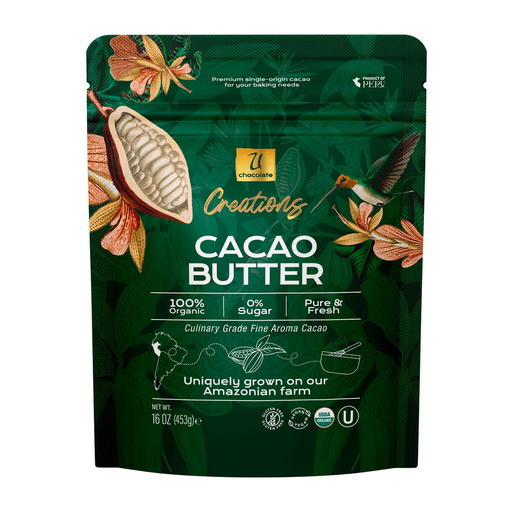U manteca de cacao frente del envase mostrando etiqueta y pureza