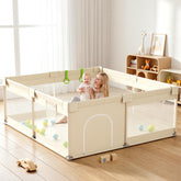 UANLAUO front view beige playpen showing full safe play area and design benefits