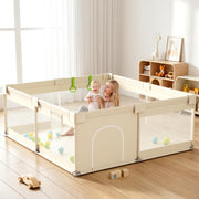 UANLAUO front view beige playpen showing full safe play area and design benefits