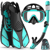Ubekezele front packaging showing mask fins snorkel set benefit portability