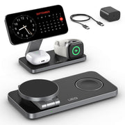 UEQ estación frontal completa mostrando iPhone, Apple Watch y AirPods cargando rápidamente