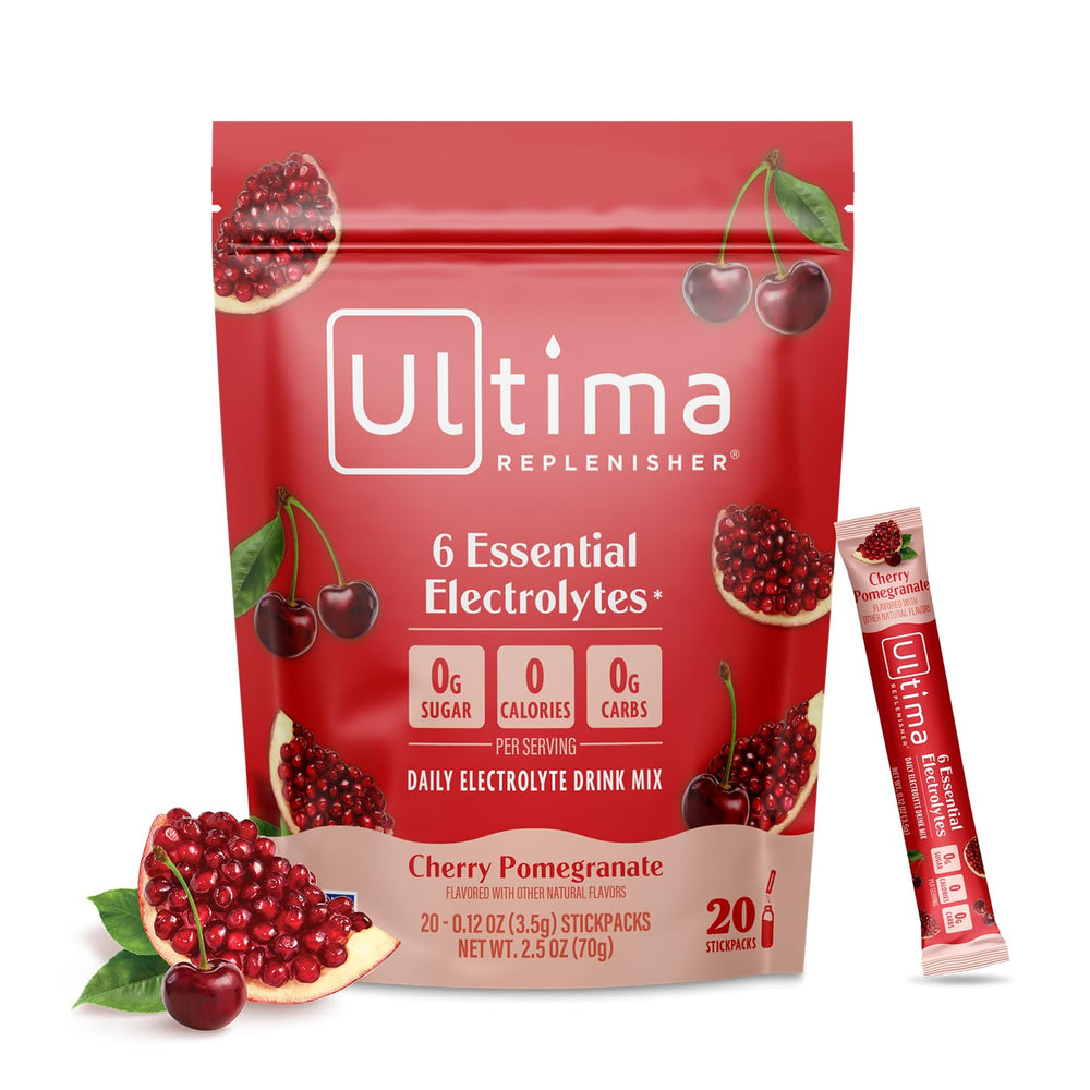 Ultima Replenisher frente del empaque mostrando 20 stickpacks y beneficio portátil