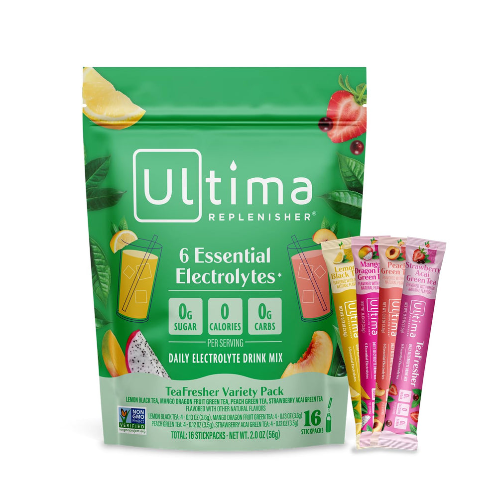 Ultima Replenisher frente del paquete mostrando variedad de sabores yportabilidad