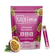 Ultima Replenisher front packaging showing passionfruit stickpacks and benefits