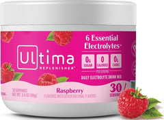 Ultima Replenisher front canister showing raspberry flavor and servings benefit