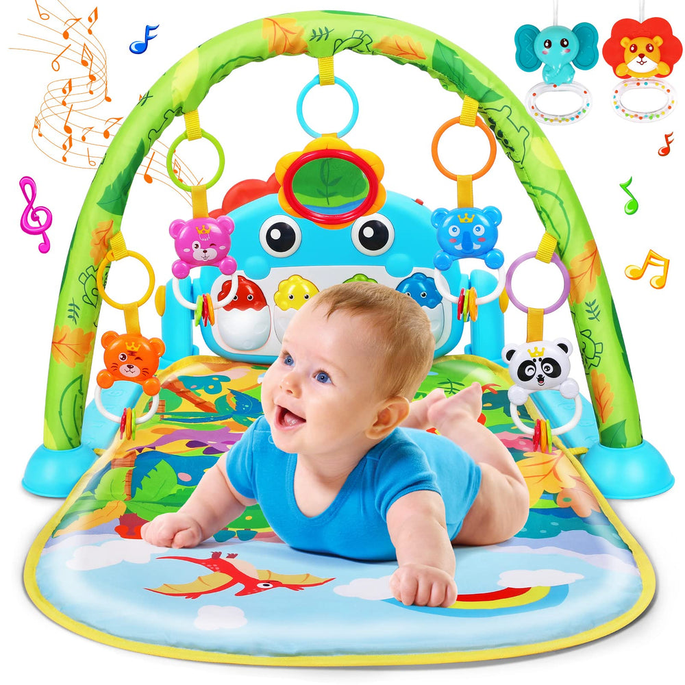 UMIKU dinosaur play mat front view showing colorful gym benefits