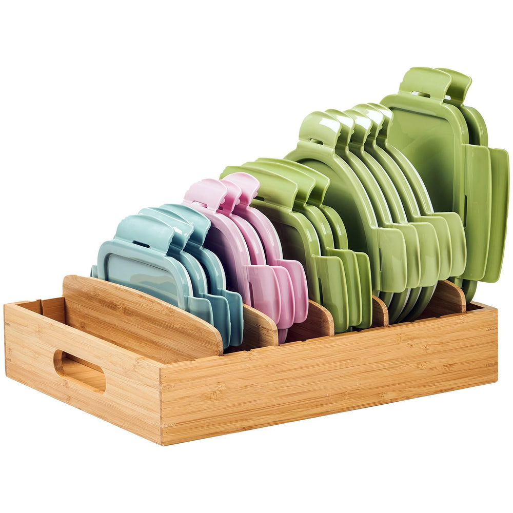 Umilife front view of organizer showing tidy upright lids and space saving