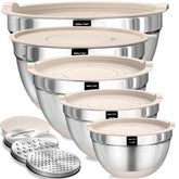 Umite Chef front view of full 8-piece bowl set showing lids and graters, organized for prep