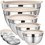 Umite Chef front view of full 8-piece bowl set showing lids and graters, organized for prep