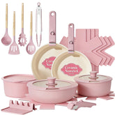 Umite Chef front view of pink 21-piece cookware set showing included pieces and color, ideal for gifting