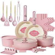 Umite Chef front view of pink 21-piece cookware set showing included pieces and color, ideal for gifting