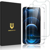 UNBREAKcable protector frontal en caja mostrando compatibilidad con iPhone 12 y 12 Pro