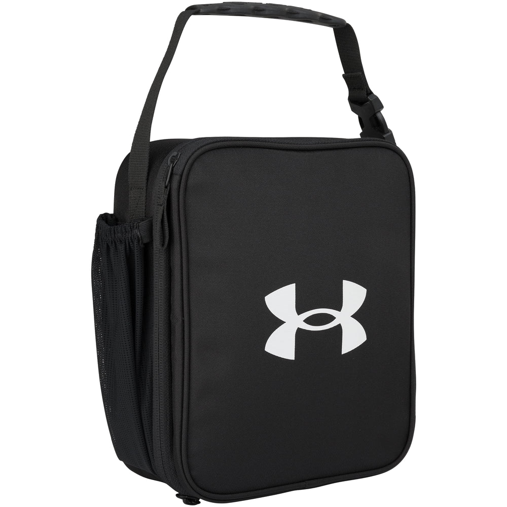 Under Armour front view of lunchbox showing logo and crush-resistant shell for protection